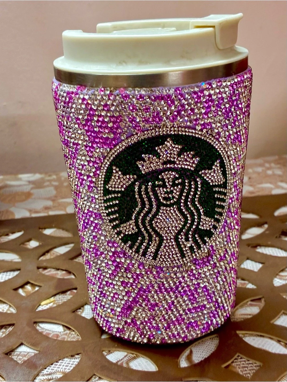 Ideal !Sparkling purple white Rhinestone crystal temp temp check Travel Tumbler